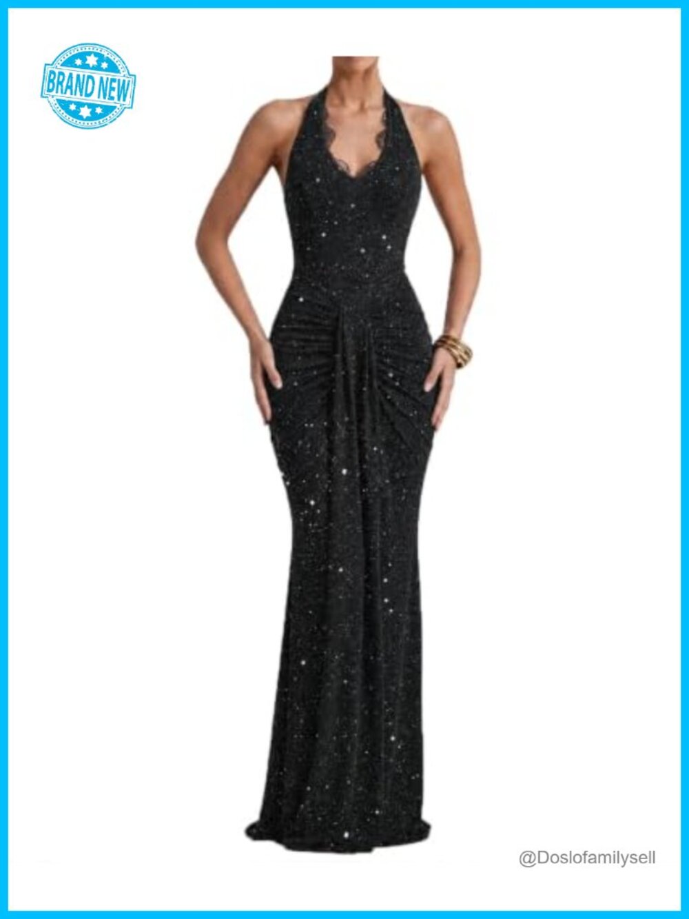 Deep V Neck Halter Lace Sequin Sparkly Glitter Maxi Dress